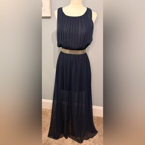 Vintage Greek Style Formal Dress in Navy with Gold Belting